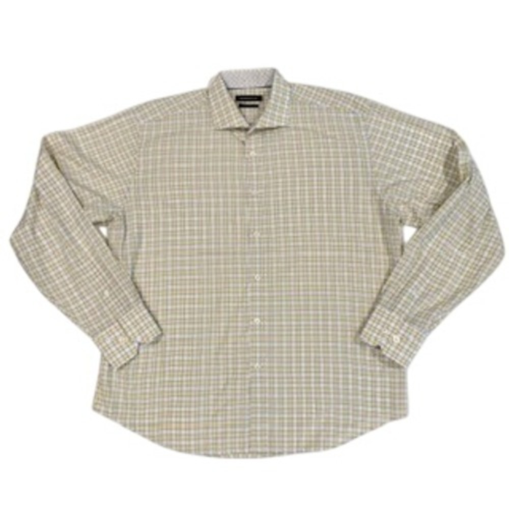 Bugatchi Classic Fit Shirt Mens Large Yellow Grey Plaid Cotton Long Sleeve L